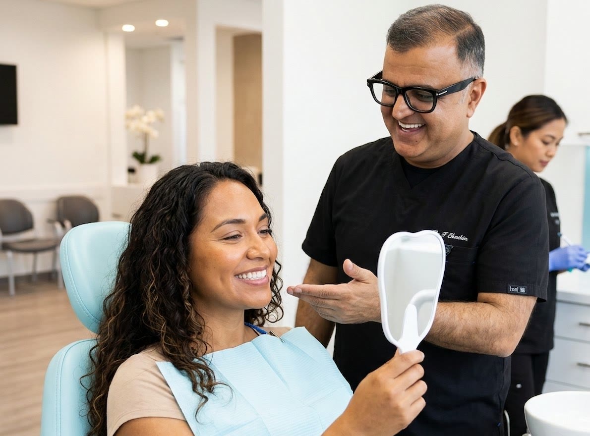 Dr. Ebrahim showing a patient her smile results at Ultra Smile Dentistry in Mesa, Arizona